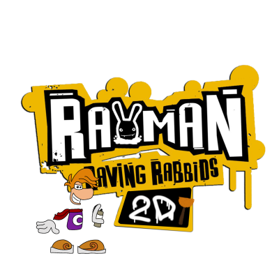Logo Rayman Raving Rabbids avec Rayman dessinant "2D" avec une bombe de peinture.