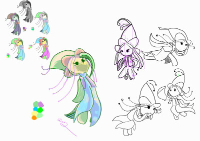 ci-dessus, les différent tests de couleurs et de poses et enfin, le design final.
