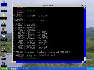 My driver running on a GeForce GTX 1050Ti, with a DOS prompt showing VIDMODES output confirming that fact!