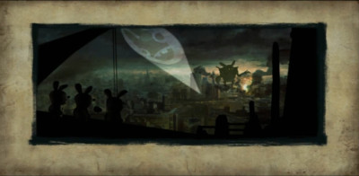A city destroyed by a robot ? Probably a cancelled level from the prototype.