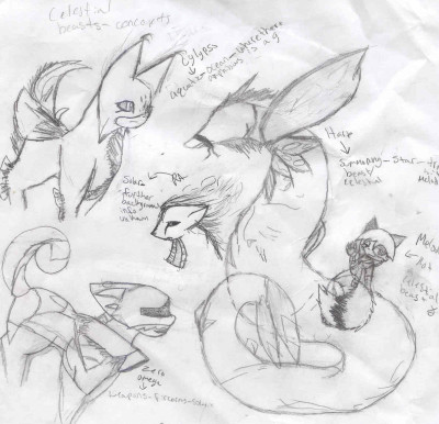 Concepts of my celestial beasts. A good deal of the writing got cut off though xD' I might post finalized versions but more then likely not.