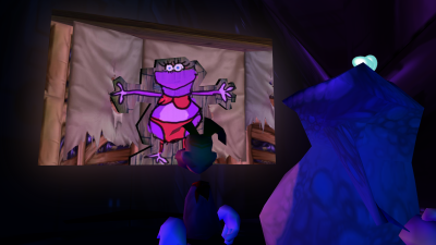 Globox looking at the cardboard cutout.png
