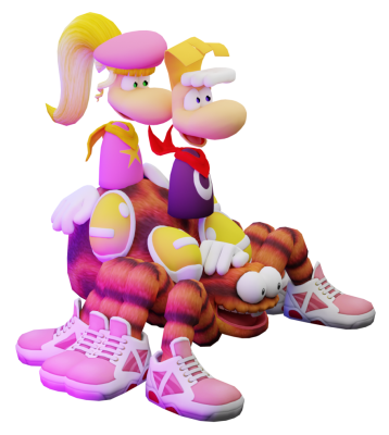 Rayman and his ponytailed girlfriend riding on Squitter’s Back.