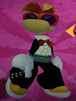 Rayman vêtu d'une tenue correcte dans Rayman Contre les Lapins Crétins