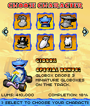 Globox dans le menu de sélection des personnages de Rayman Kart.