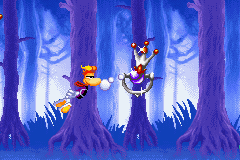 Rayman se balançant à un Lums violet.