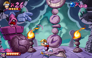 Rayman colpisce il masso che Mr Stone stava per lanciare.