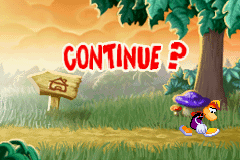 L'écran de "Continue" de la version Game Boy Advance de Rayman contre les Lapins Crétins.
