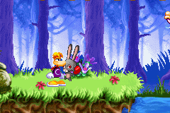 Un lapin boxeur sur le point de frapper Rayman avec son gant.