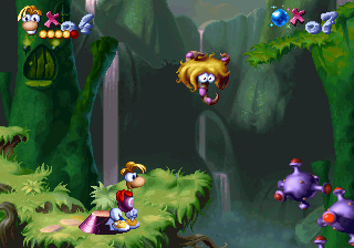 Rayman z przerażoną platformą w nieznanej lokacji