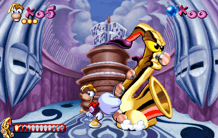 Mr Sax sta cercando di saltare su Rayman.