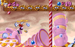Rayman utilisant son super-hélicoptère pour passer entre les obstacles.