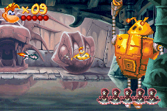 Rayman és Grolgoth a Rayman 3 Game Boy Advance verziójában, a Heart of the Ancients pályán, a csata második része közben.