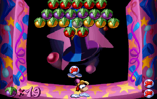 Rayman tiene que deshacerse de las ciruelas con una pelota en este minijuego.