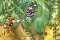 Rayman utilisant son poing pour s'accrocher à un Lums violet.