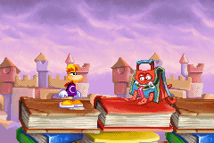 Un cartable face à Rayman.