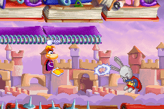 Un Lapin Trépide propulsé en arrière après avoir été frappé par Rayman.