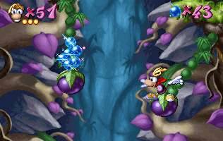 Rayman sur une prune suspendue à un balancier.