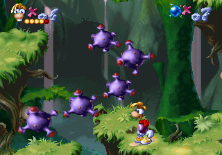 Rayman z fioletowymi bombami