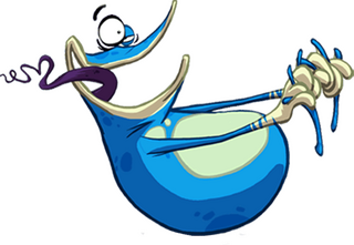 Artwork de Globox en train de glisser sur son postérieur.