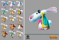 Concept arts de Pti'lapin réalisés par Florence Charpentier, une des graphistes de Rayman Adventures. On remarque une grande variété de tenues. Il a été envisagé de la faire ressembler à un lapin en chocolat.