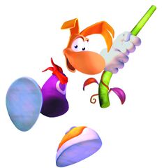 Rayman accroché à une liane.