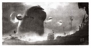 Concept art représentant un Lapin alien géant et des Lapins aliens dans des soucoupes volantes.