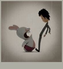 Artwork d'un humain face à un Lapin Crétin.