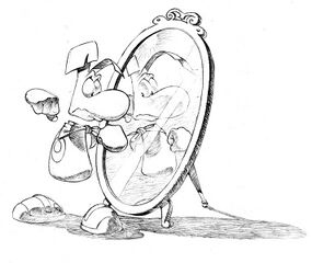 Concept art de Rayman se regardant dans un miroir.