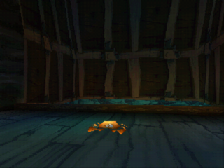 Un crabe dans la version PlayStation de Rayman 2, au début de la Baie des Baleines, observé avec la vue à la première personne.