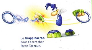 Concept art de Rayman équipé du Grappinocroc. On peut le voir dans l'artbook de Rayman 3, avec un texte différent. Quand le pouvoir s'appelait encore le Grappin, Rayman avait une apparence similaire.