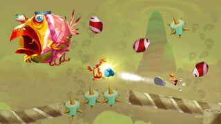 Cette image datant du développement de Rayman Fiesta Run montre Boss Oiseau en train de bombarder Rayman avec ses œufs.