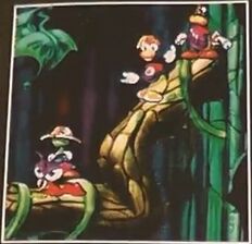 Cette image montre un petit Livingstone sur une araignée, Rayman et un Chasseur dans un environnement inconnu.
