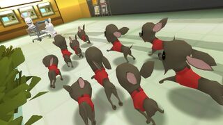 Cette image datant du développement de The Lapins Crétins : La Grosse Aventure montre l'Équipe Crétine poursuivie par un groupe de chihuahuas.