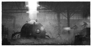 Concept art représentant deux soldats affrontant des Lapins aliens.