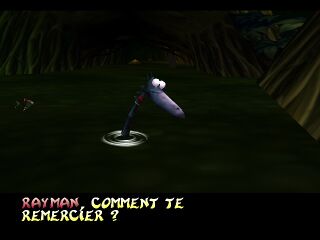 Sssssam discutant avec Rayman dans les Marais de l'Éveil.