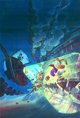 Concept art de Rayman poursuivi dans la Grande Faille par un Vaisseau Pirate à bord duquel se trouve Barbe-Tranchante.
