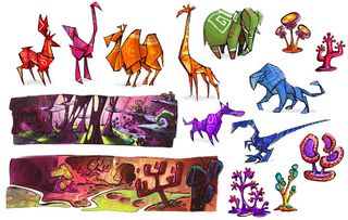 Concept arts de créatures et d'ennemis qui devaient probablement apparaitre dans le Zoorigami, ainsi que des décors et des éléments du décor du Monde Organique.