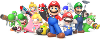 Les personnages jouables de Mario + The Lapins Crétins : Kingdom Battle, parmi lesquels, de gauche à droite, la Princesse Peach, Mario et Luigi.