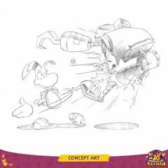 Concept art d'un Sbire en train de se faire détruire par Rayman.