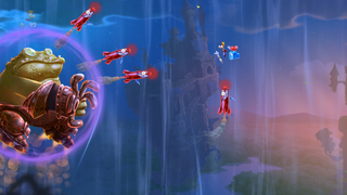 Des missiles animés rouges tirés par le Crapaud blindé.