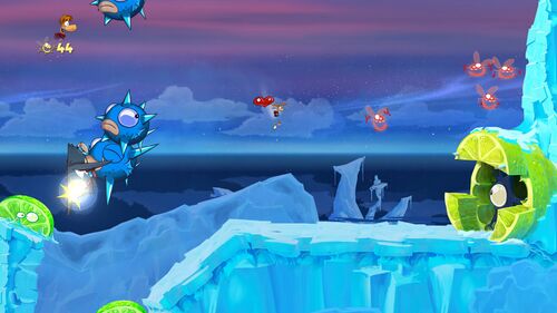 Un dragon serveur se suicidant involontairement dans le niveau Tutti frutti de Rayman Origins, après qu'un saut sur un citron vert l'ait propulsé contre des poissons piquants.] Un dragon serveur se suicidant involontairement dans le niveau Tutti frutti de Rayman Origins, après qu'un saut sur un citron vert l'ait propulsé contre des poissons piquants