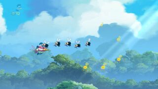 Rayman y el mosquito gigante luchando contra unas moscas pequeñas.