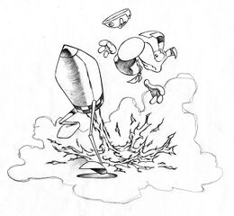 Concept art de Rayman tombant d'un obus à pattes.