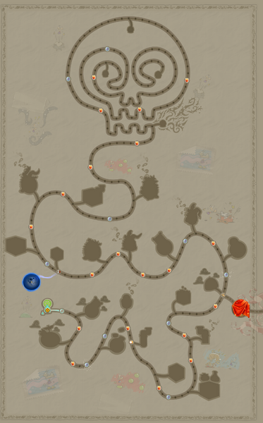 La carte des niveaux la Terre gourmande (en bas) et de la Lande aux Esprits Frappés souterraine (en haut, autour du tracé en forme de crâne) au début du jeu.