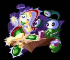 Joe l'extraterrestre offre une luciole à Rayman pour qu'il puisse voir dans les ténèbres des Caves de Skops.