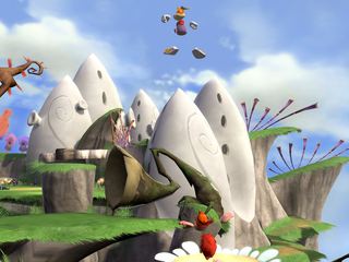 Rayman et un membre de son espèce dans la forêt rappelant le Ciel Chromatique.