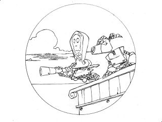 Concept art de Barbe-Tranchante avec une longue-vue et du Pirate Lunette. On peut notamment le voir dans le manuel anglais de Rayman Revolution.