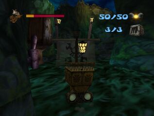 Rayman aux commandes d'un Vaisseau Pirate dans les Montagnes de Fer.