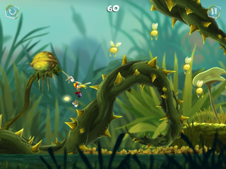 Rayman se balançant au-dessus d'une ronce géante.